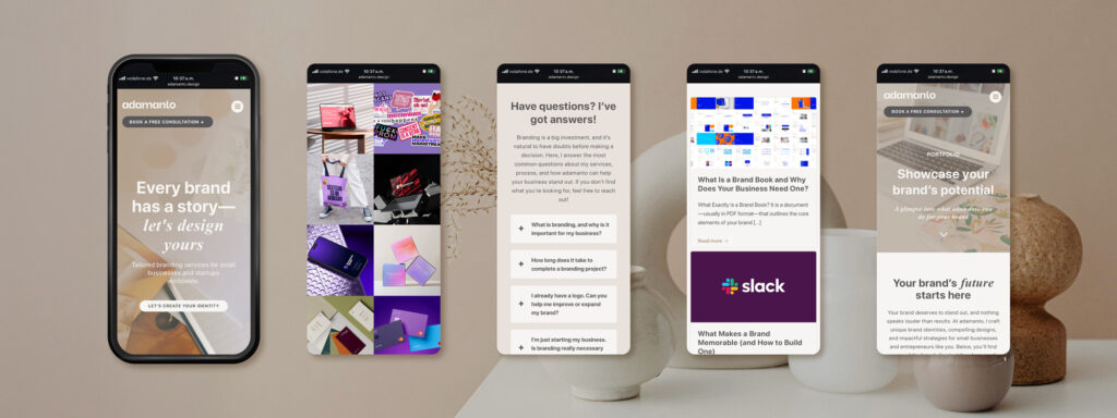 Mobile view screenshots of adamanto website shown over a beige table with vases.