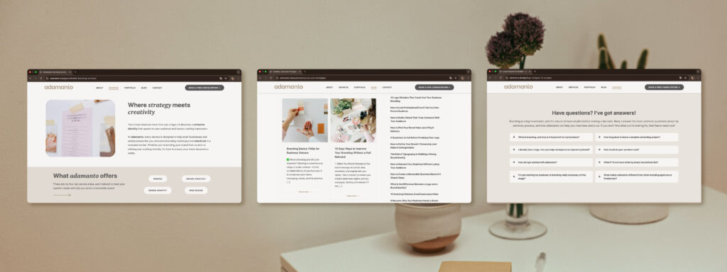 Website screenshots showing services, blog, and FAQ section displayed over a beige office scene.