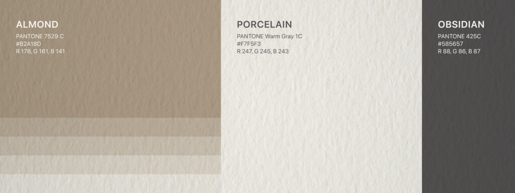 adamanto brand color palette with tones of almond, obsidian, and porcelain.