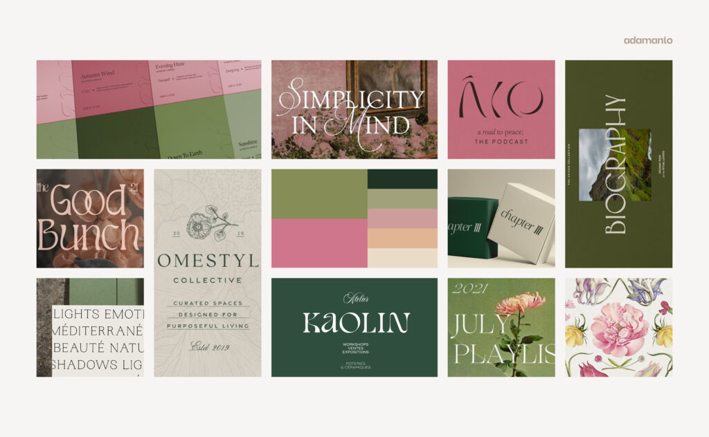 Elegant moodboard for branding in soft green and pink with detailed illustrations and premium typography.