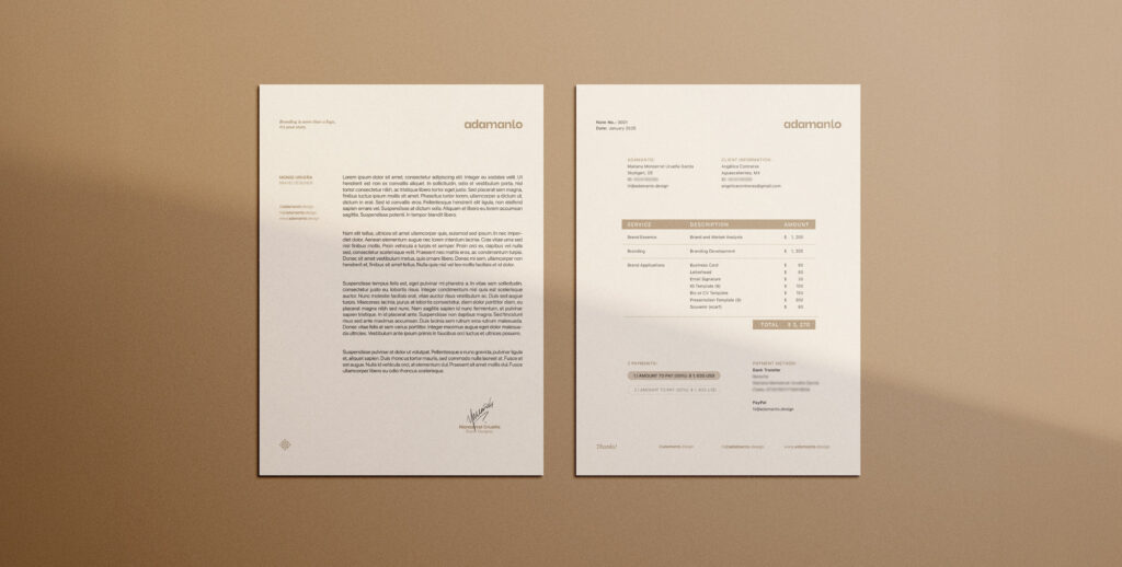 Letterhead and branding quote mockup showing logo, contact info, and project pricing.