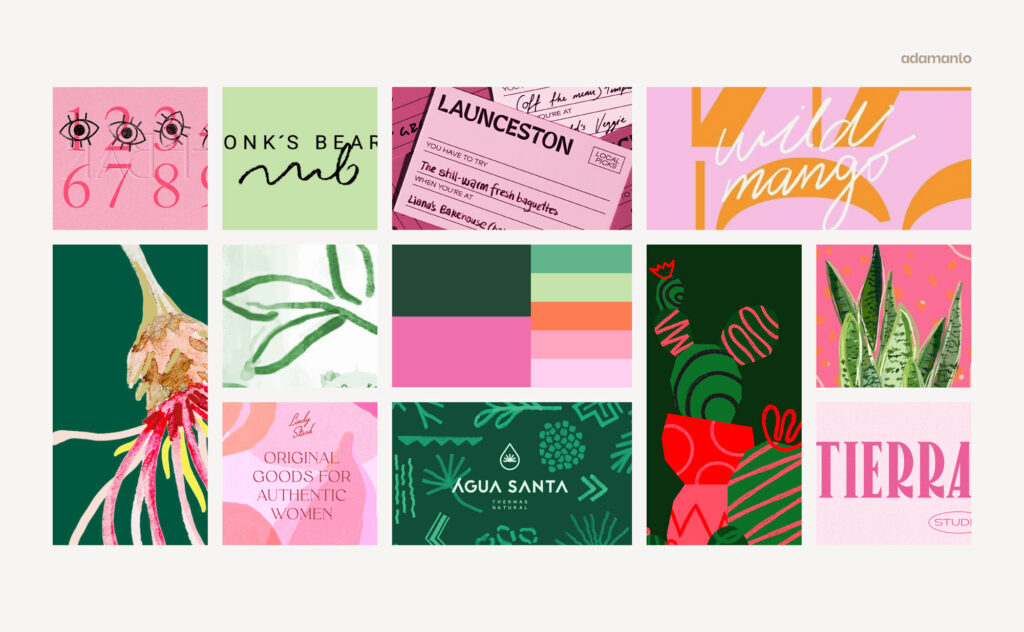 Moodboard for branding in green and pink featuring hand-painted illustrations, natural textures, and elegant typography.