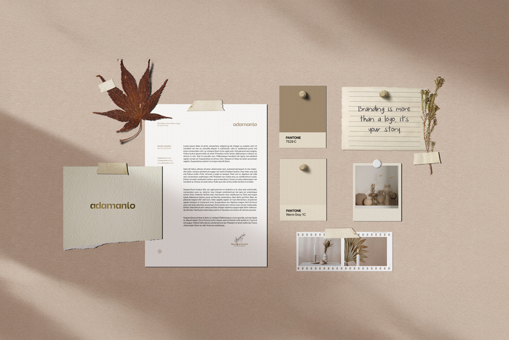 Professional branding moodboard with gold-stamped logo, handwritten brand message, and autumn-toned color palette by adamanto