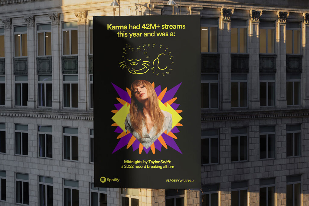 Spotify billboard with Taylor Swift using playful brand voice tone and cat reference for Karma track.
