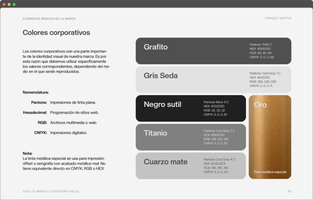 Brand color guide showing grayscale and gold palette for Enrique Martin, developed during the logo design process.