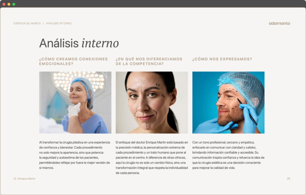 Screenshot of brand strategy document for Enrique Martin with emotional connection, differentiation, and voice insights, developed during the logo design process.