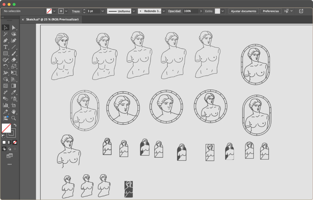 Logo evolution of Enrique Martin in Illustrator, showing refinement stages in the logo design process.