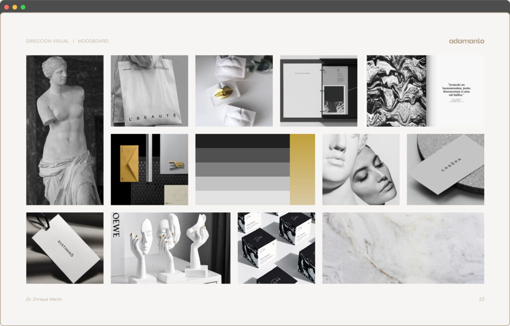 Moodboard with marble and sculpture visuals used to define the brand direction during the logo design process.