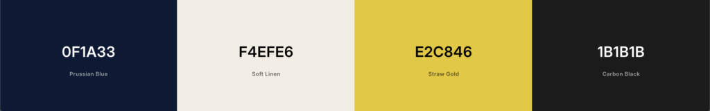 Deep navy, linen neutral, straw-gold and carbon black palette — premium way to choose brand colors.