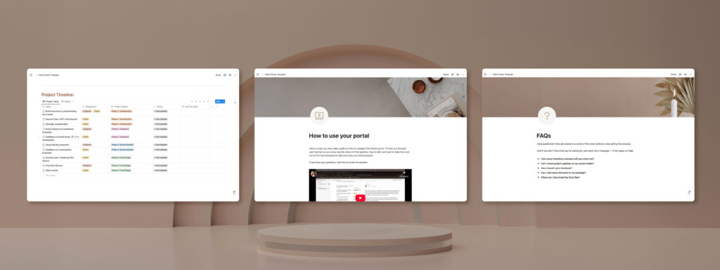 Client portal showing the strategic branding process, project timeline, onboarding guide, and FAQs.