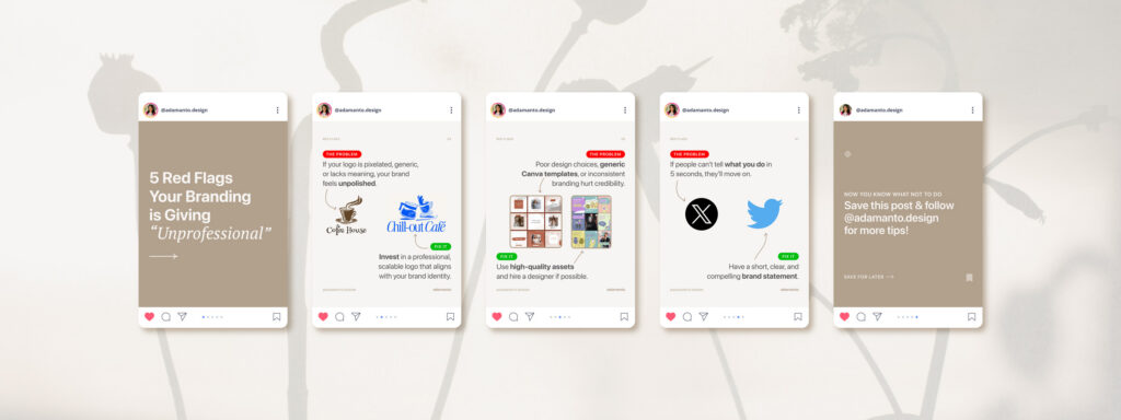 Educational Instagram carousel created by brand identity designer Monserrat Urueña about common branding mistakes.
