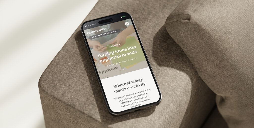 Mobile version of the adamanto branding website designed by brand identity designer Monserrat Urueña.